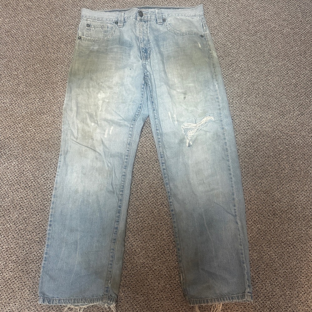 Ecko Unltd Baggy Jeans Mens 36 Light Wash Distressed Y2K Embroidered Streetwear